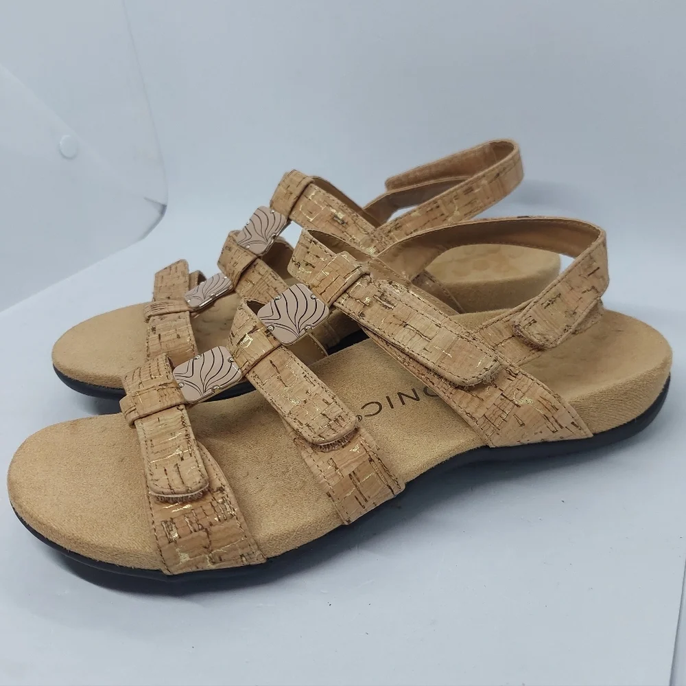 Vionic Amber Sandals Strappy Beige Cork Open Toe Casual Shoes Women's Size 8